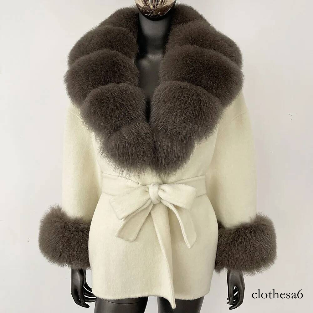2026 Belt Pocket Winter Jacket Natural Real Raccoon Fur Blends Wool Coat Women Loose Casual Outerwear Streetwear