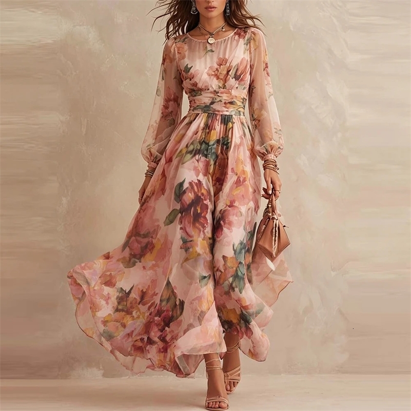 Vintage Floral Print High Waist Pleated Long Women Elegant O Neck Slim Party Dresses Spring Puff Sleeve Boho Holiday Dress 260903 b2