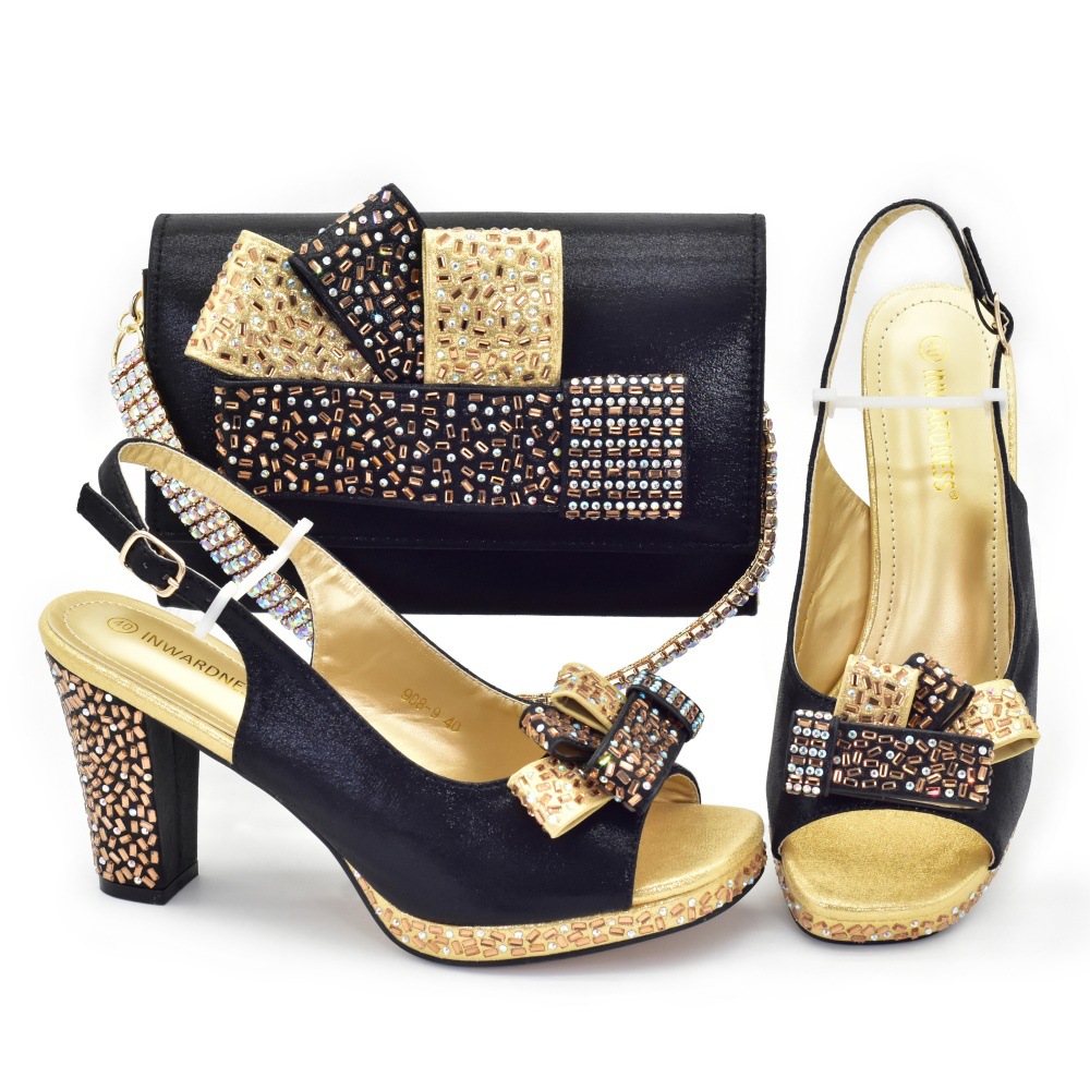 Chaussures habillées Arrivée et ensemble de sacs Ensembles Sparkling Strass Dos Sangle élastique Sandales à talons hauts avec sac à main Ensemble