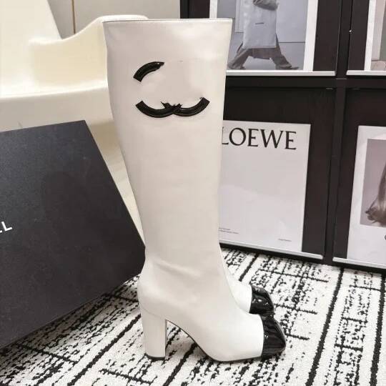 Leather Boot Designer Luxury Lady White Black Knee Zipper Block Heel Round Toe Fall Winter Office Work Formal Fashion Footwear Comfort Sole Modern T