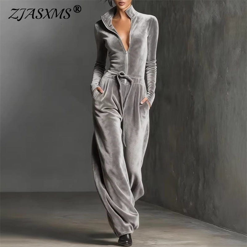 2026 Spring Retro Solid Velvet Womens Jumpsuit Elegant Half Zip Stand Collar Drawstring Waist Overalls Casual Streetwear Romper a260903 ae