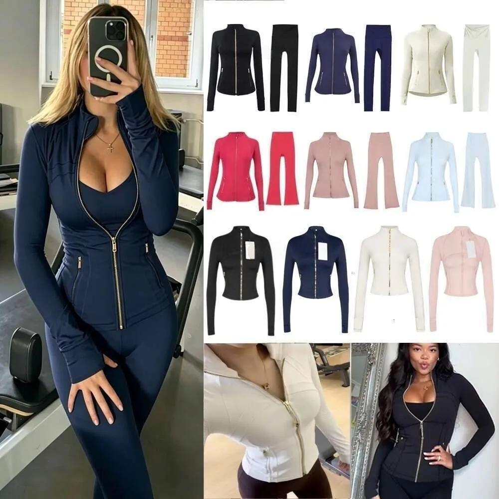 Women Yoga Two Piece Sets Fitness Leggings High Waist Sports Jackets Gold zipper Elastic Sportswear Gym Suits Workout Tracksuits yhe