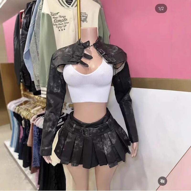 Veste boléro courte en Faux cuir délavé et ceinture, Mini jupe plissée, ensemble deux pièces, tenue élégante pour femmes, Punk Street