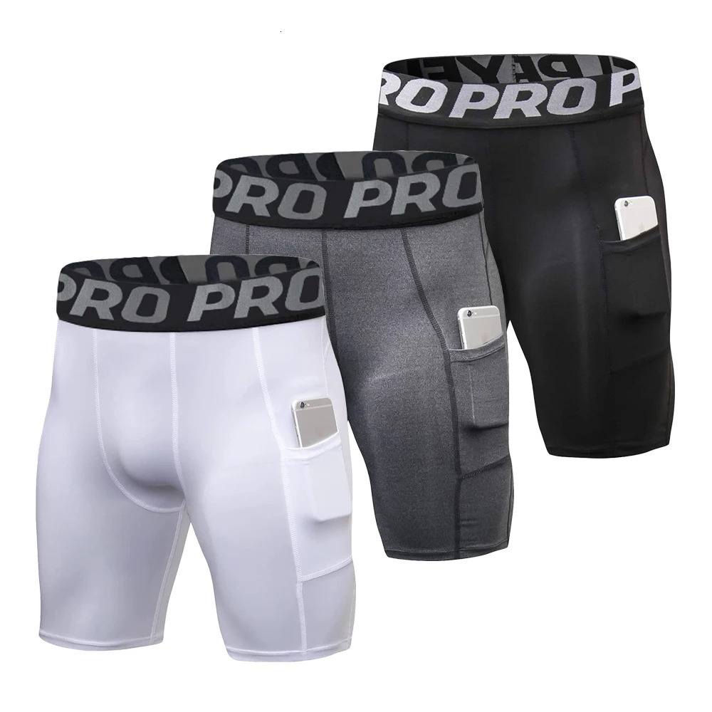 Mens Gym Shorts with Pockets Workout Compression Leggings for Men Polyester Boxer Briefs Running Basketball Athletic Tights 260905