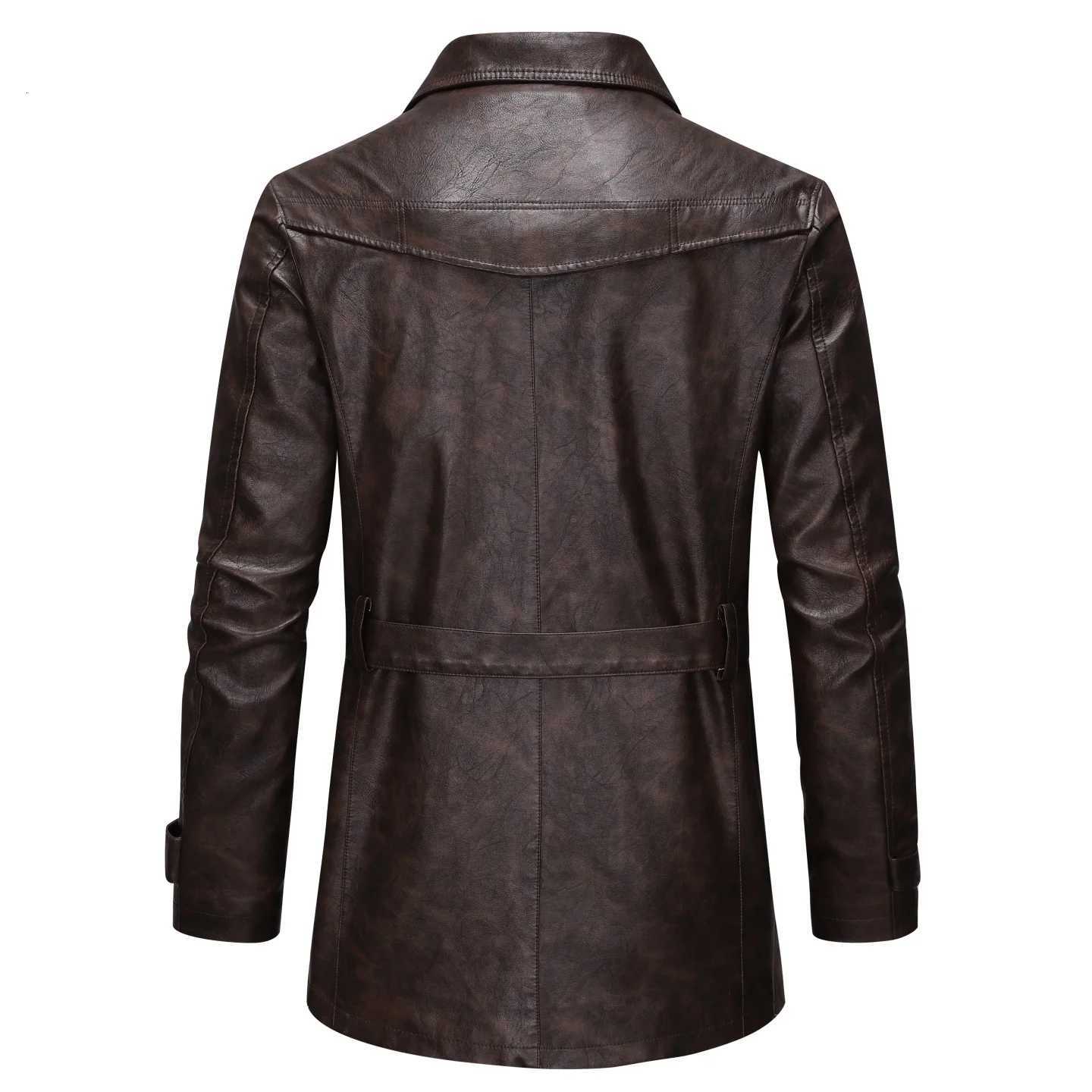 Long Men's Trench Coat Autumn Men Fleece Motorcycle Faux Leather Jacket D260902 b0