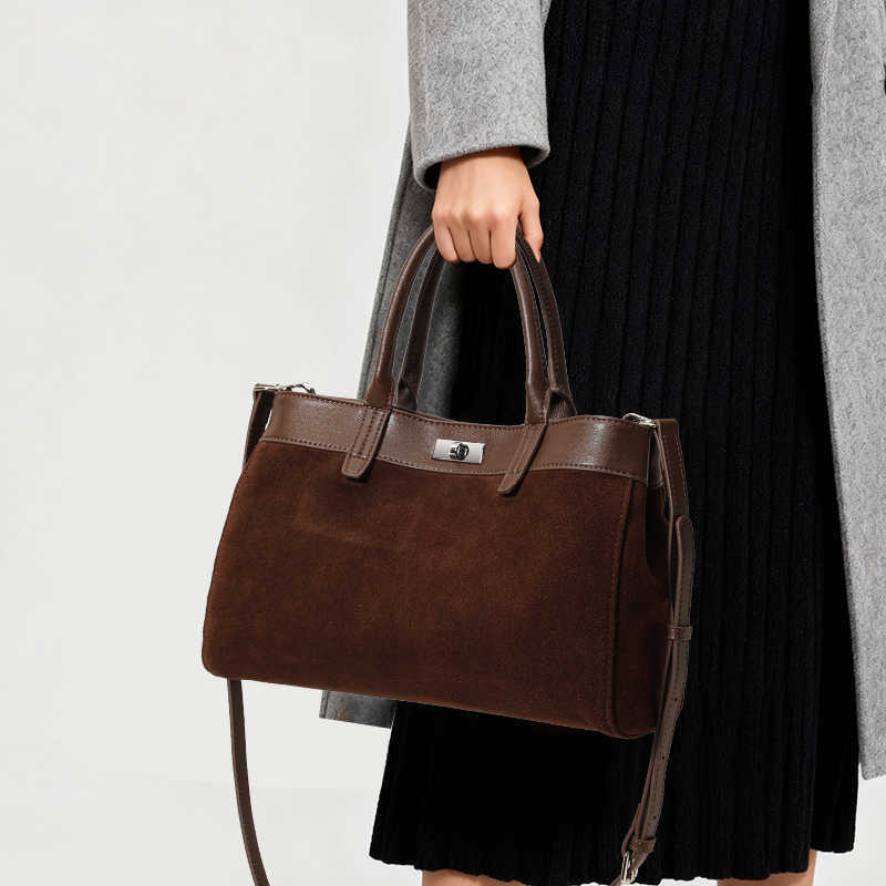 Suede Leather Vintage Tote Genuine Bag for Women Large Capacity Handbag Versatile with Lock Closure Coffee Color Commute H260905