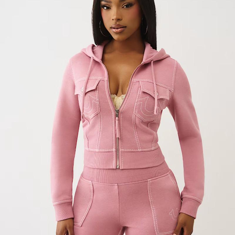 Ensemble 2 pièces à capuche avec coutures contrastées pour femme - Veste courte à capuche avec fermeture éclair - Taille haute - Pantalon de surv