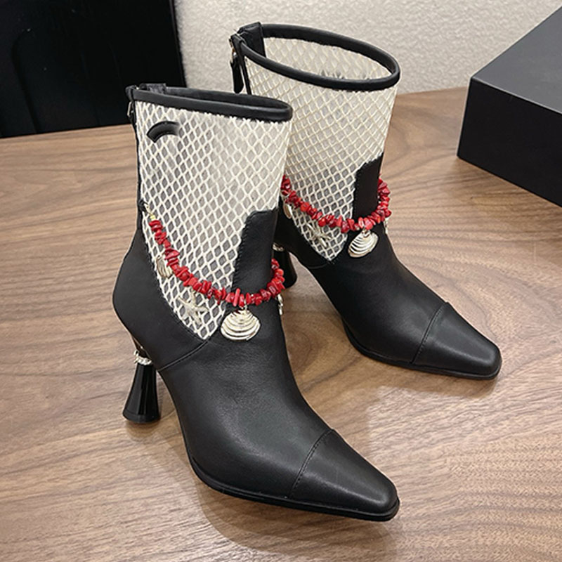 Mesh splicing shell starfish decor High Heel Booties Casual chic Versatile summer party boots Classic flare high heel back zipper Ankle Boots