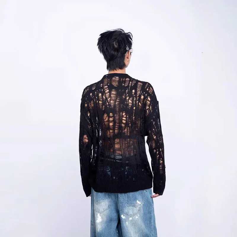 Out Hollow Vintage Ripped Mesh Knit Sweater Men Autumn Streetwear Fashion Crew Neck Long Sleeve Knitted T Shirt Mens Clothing J260904