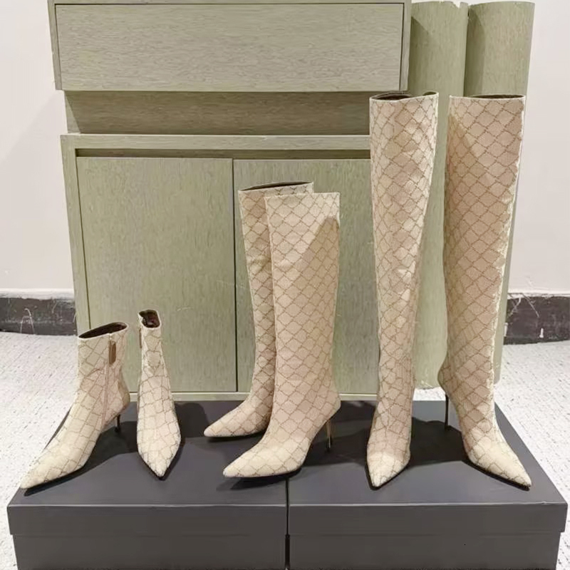 2026 Nouvelles cuissardes femmes Bombshell Boot chaussures en toile imprimées bottes à bout pointu talons aiguilles élégants sur les bottes au ge