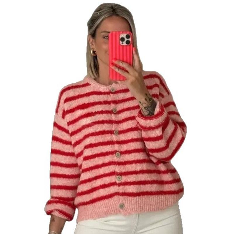 Cardigan en tricot ample à la mode pour femmes, col rond, motif rayé noir et blanc, manches longues, fermeture à boutons, pull surdimensionné, ma