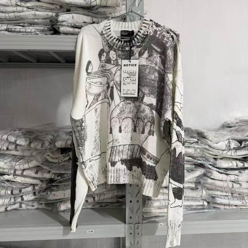 Designer E And R Vintage Figure Print Pull en tricot à col rond en détresse Graffiti Graphic Pull surdimensionné Coupe ample Streetwear Gothique