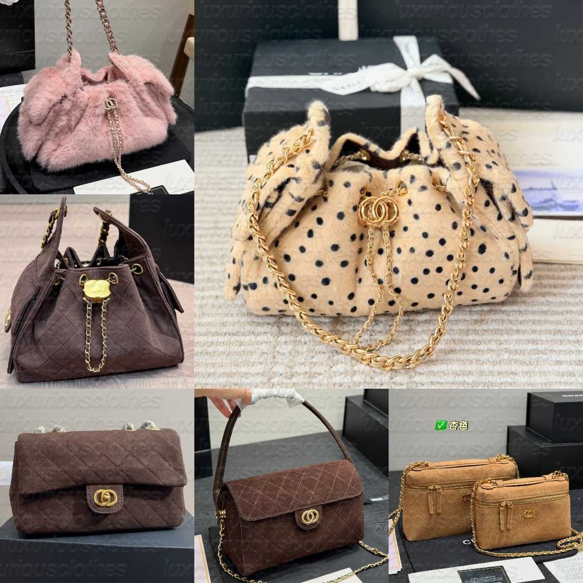 25bag Suede hobo Designer 26A cf hip hop bag Bucket Bag for Women Chocolate brown suede Fuzzy Leather Bag Leopard print polka dots Large capacity Sh