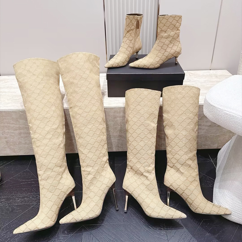 Fashion Designer Women Bombshell Boot Canvas Heels Boots Printed Shoes Luxury Designer Midcalf Boots Women Print Canvas Pointed Toe Gold Heel Daily