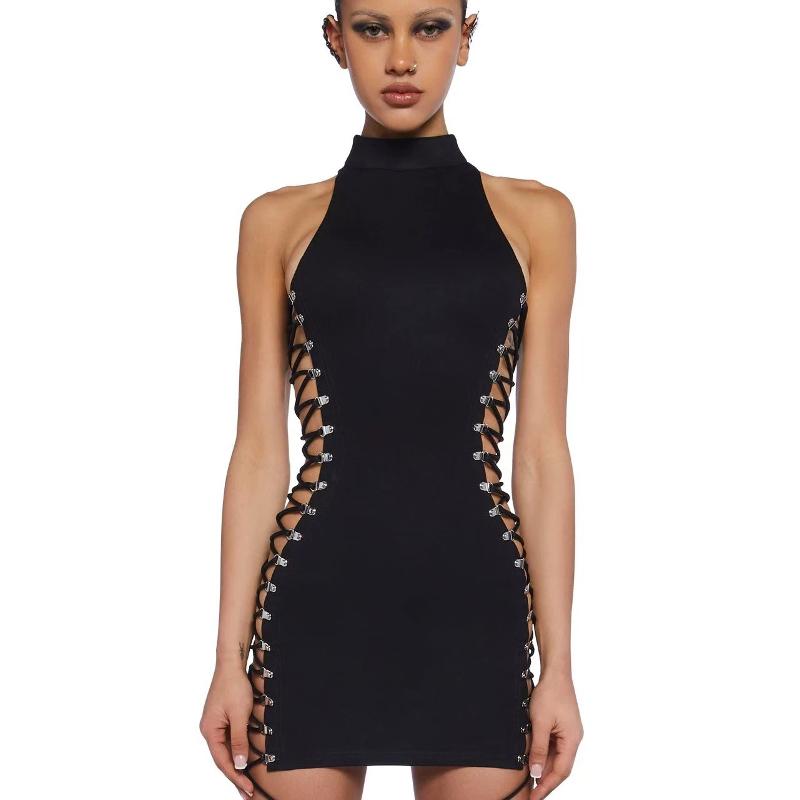 Mini robe moulante sans manches à col haut pour femmes avec découpe à lacets sur le côté, tissu doux et extensible, silhouette ajustée pour un st