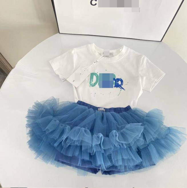 Summer Kids Designer Clothes Cute Two Piece Skirt Set Baby Girls Children Clothing Dresses Sets Short Sleeve Pullover T-shirt Pleated Cake Dress