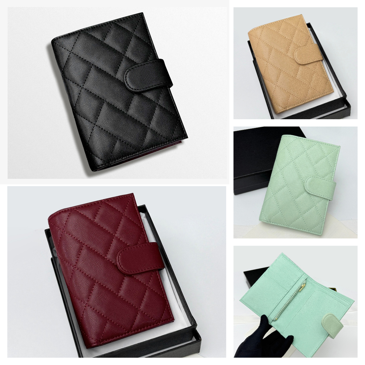 Designer Caviar Passport Holder Wallet Card Holder Genuine Leather Diamond Quilted Passport Cover Women Lightweight Travel Bifold Passport Wallet Ca