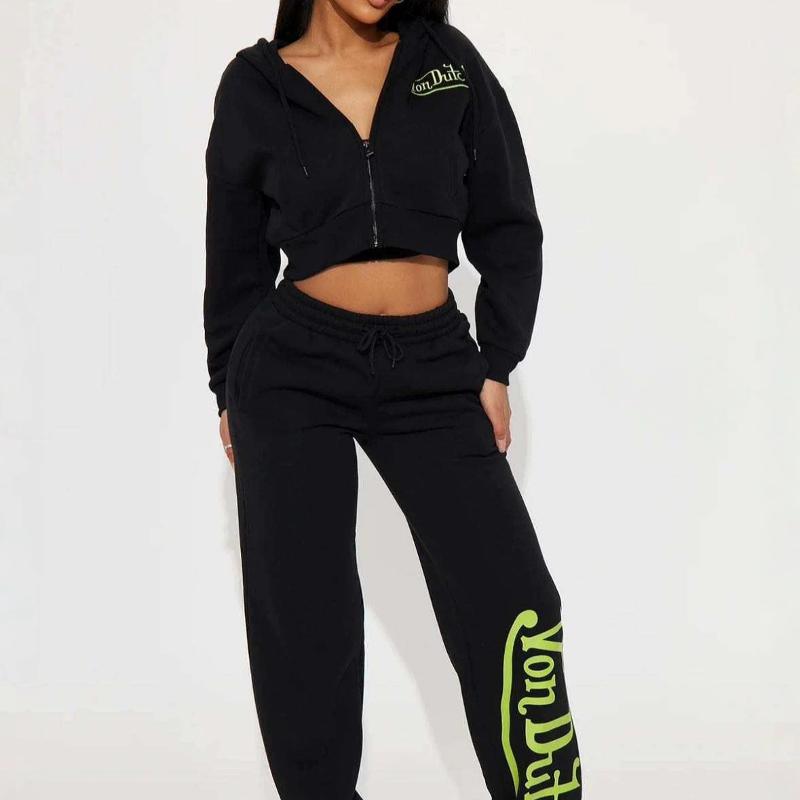 Sweat à capuche court et pantalon de survêtement à jambes larges pour femmes, tenue deux pièces, haut à capuche zippé sur le devant avec poches,