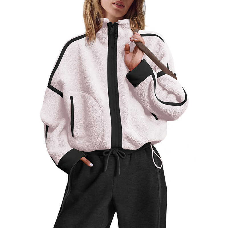 Fleece Women's Sherpa Stand Collar Jacket Zip Up Color Block Fuzzy Coat Casual Sports Outdoor Loose Fit Outerwear L260905