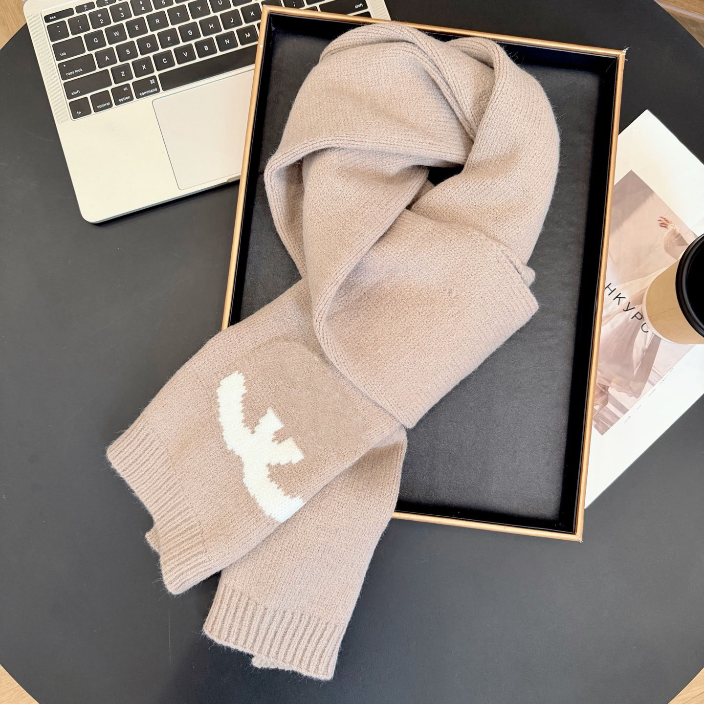 designer scarf for women wool knitted letter contrasting large logo classic color scheme soft warm everyday styling simple and elegant winter scarfs