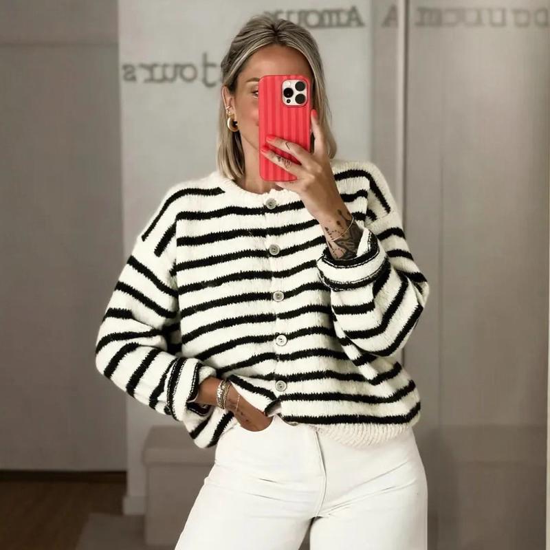 Cardigan en tricot rayé à col rond pour femme, manches longues, bouton sur le devant, silhouette ample, pull en tricot doux, veste à la mode, vêt