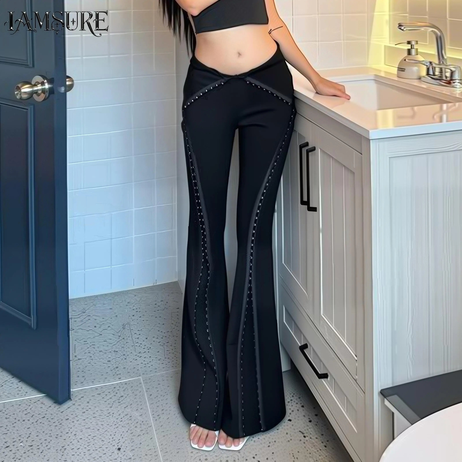 Street Fashion Buckle Elastic Micro Flared Knitted Pants Women Elegant SlimFitting Low Waist Black Trousers Chic Bottoms 260905