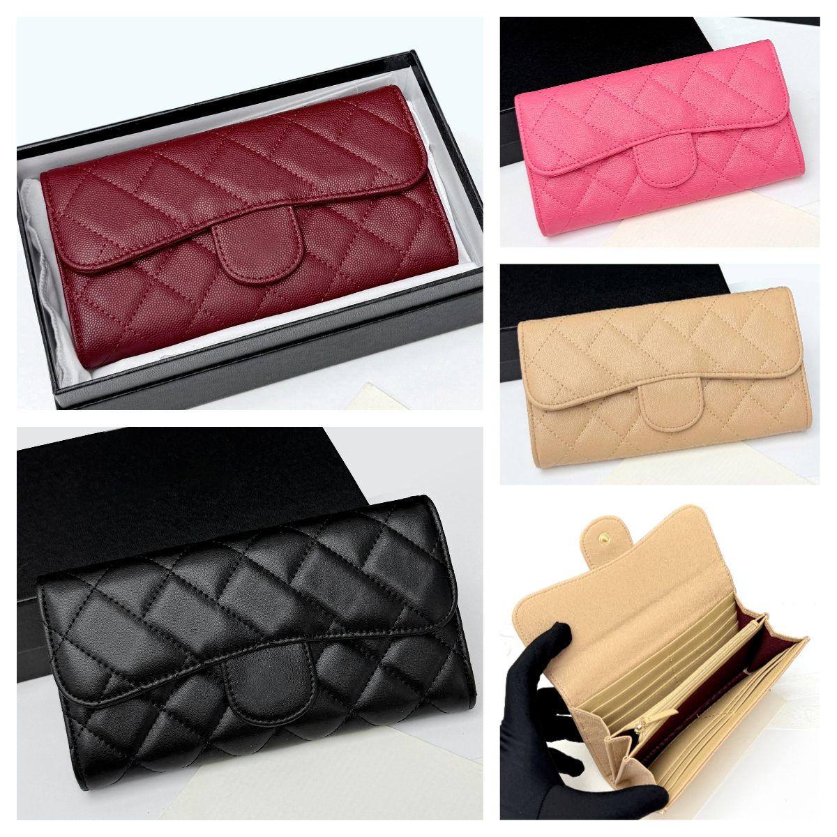 Designer Caviar Long Flap Wallet Diamond Quilted Long Hand Clutch Money Clip Luxury Flap Card Holder for Women Large Capacity Card & Coin Purse Enve