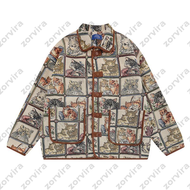Vintage Cartoon Cat Jacquard Jacket Unisex American Retro Turn Down Collar Button Up Loose Streetwear Outerwear Coat