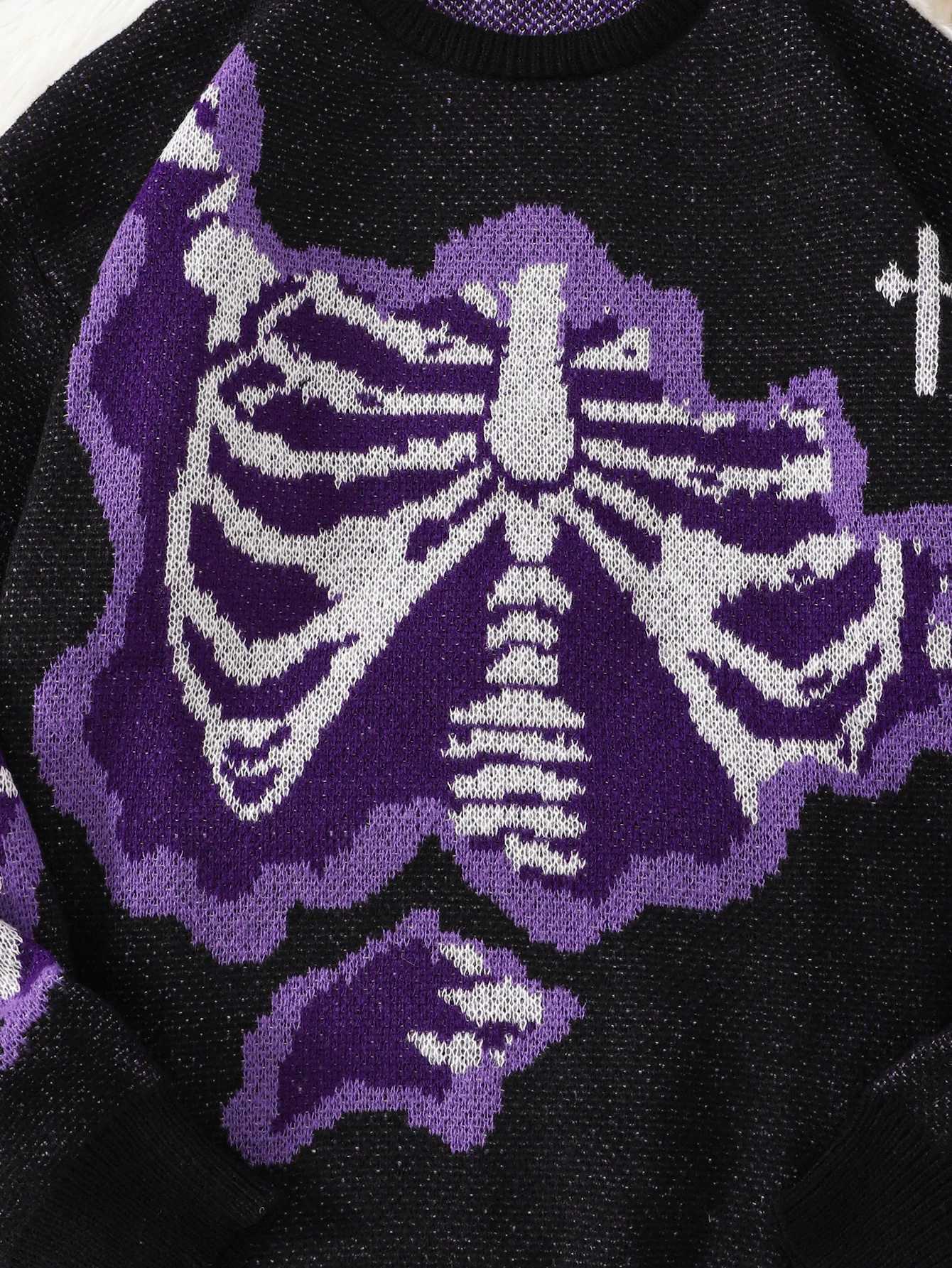 Autumn Spring and New Popular Bone-Shaped Butterfly Jacquard Pattern Pullover Sweater Casual Round Neck Contrast Color Knitted m J260916