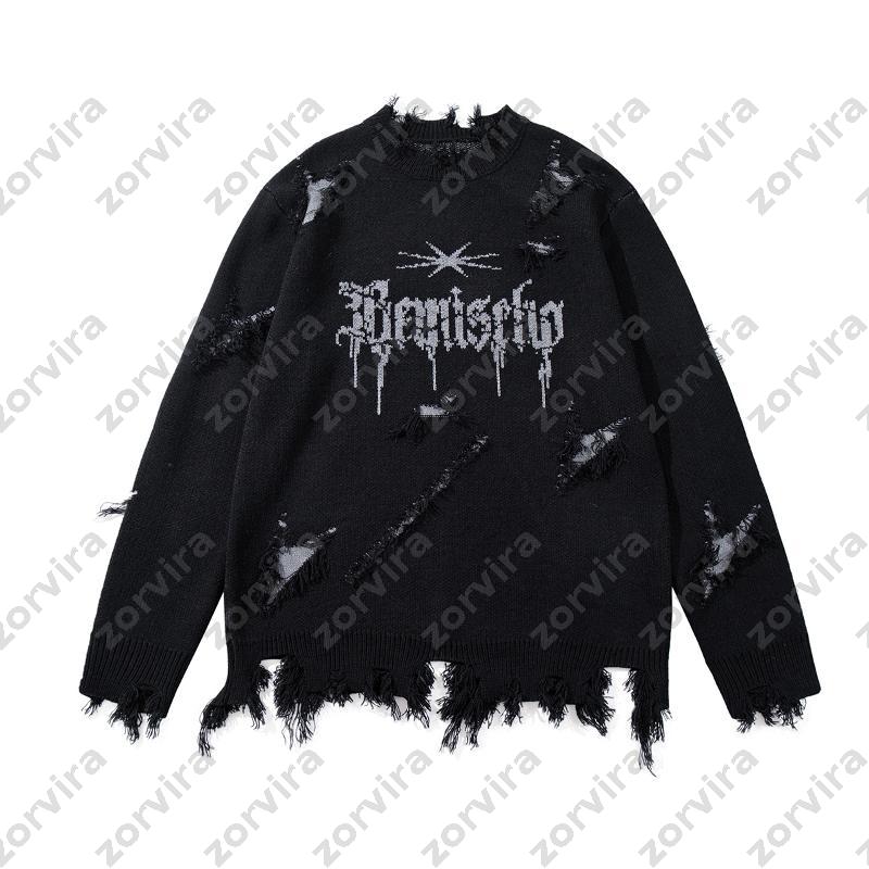 Pull à franges en détresse style Hip Hop américain, unisexe, déchiré, lettres détruites, imprimé, tricot épais, haut Streetwear