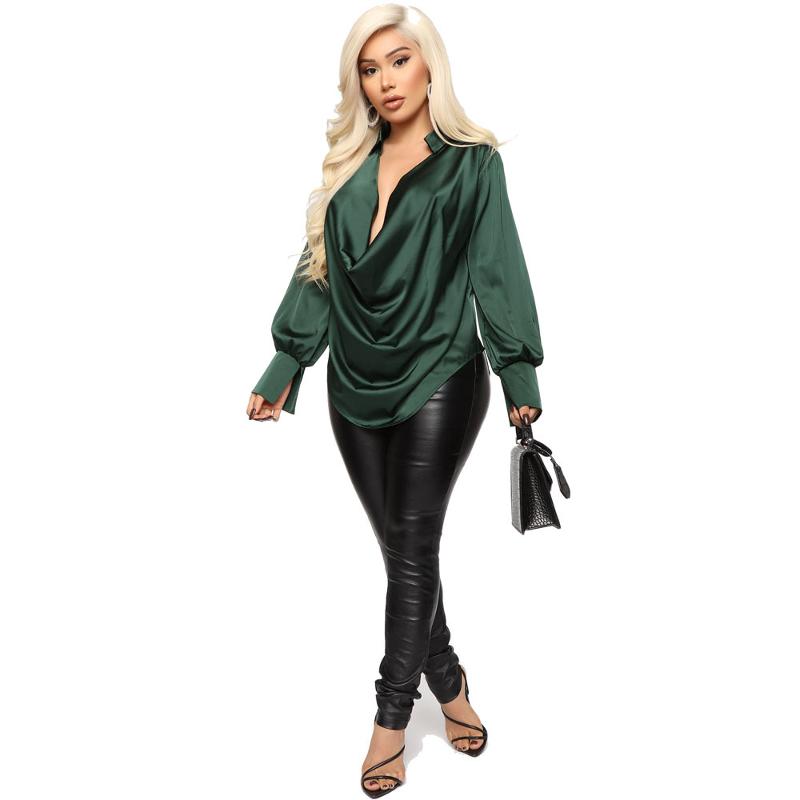Womens Solid Smooth Satin Shirt Stand Collar Cowl Neck Long Sleeve Top Cuff Slit Design Draped Front Loose Fit Elegant Casual Blouse