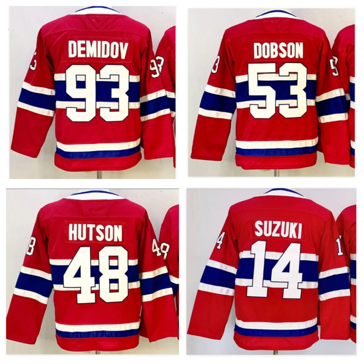 Breathable Ice Hockey Jersey Youth Jerseys Demidov 93 Suzuki 14 Dobson 53 Hutson 48 Caufield 13 Slafkovsky 20 Home Red Color S/M L/Xl Quick Dry * St