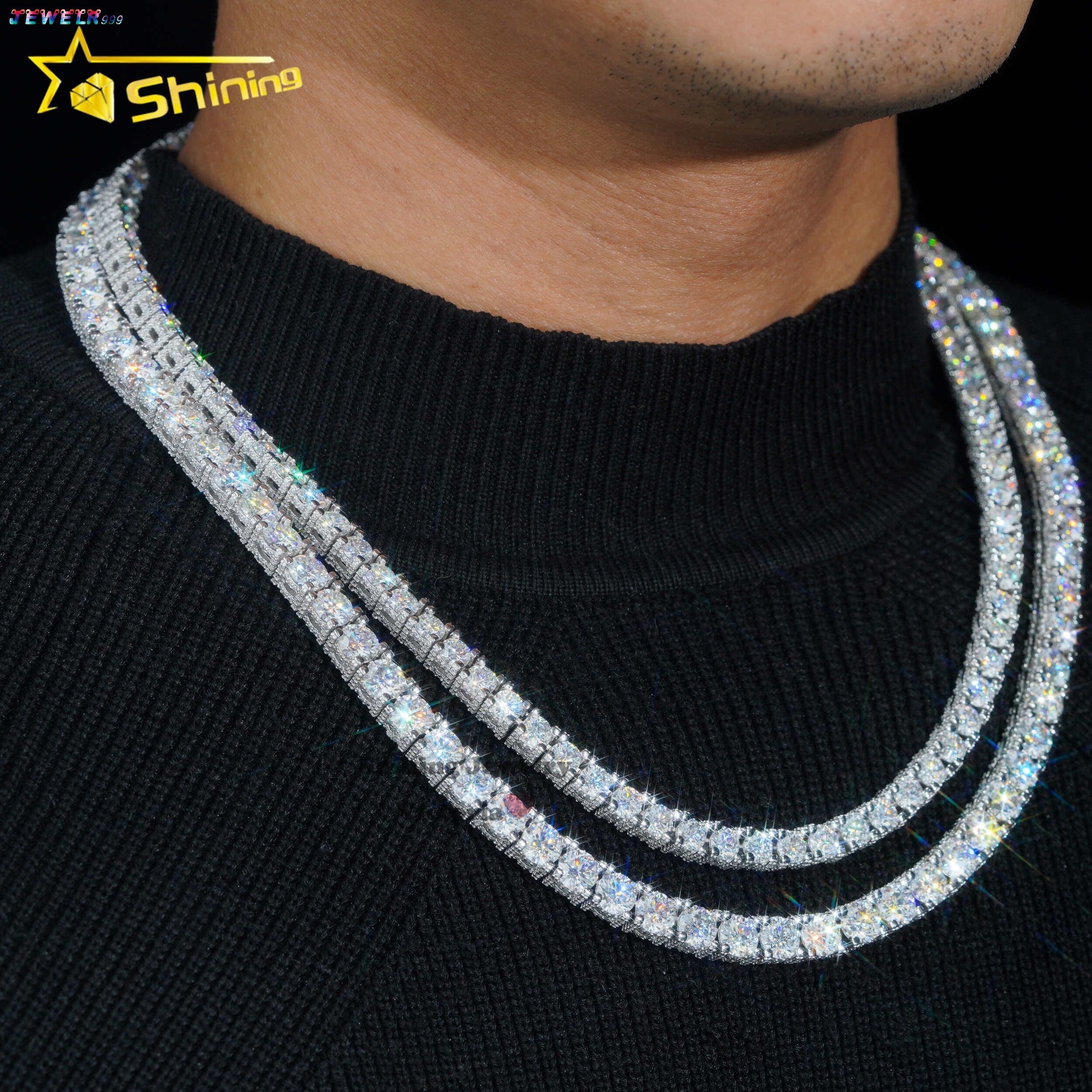 Fine Jewelry Sterling Silver S925 5mm 6.5mm Vvs Moissanite Diamond Necklace Hip Hop Side Iced Moissanite Tennis Chain