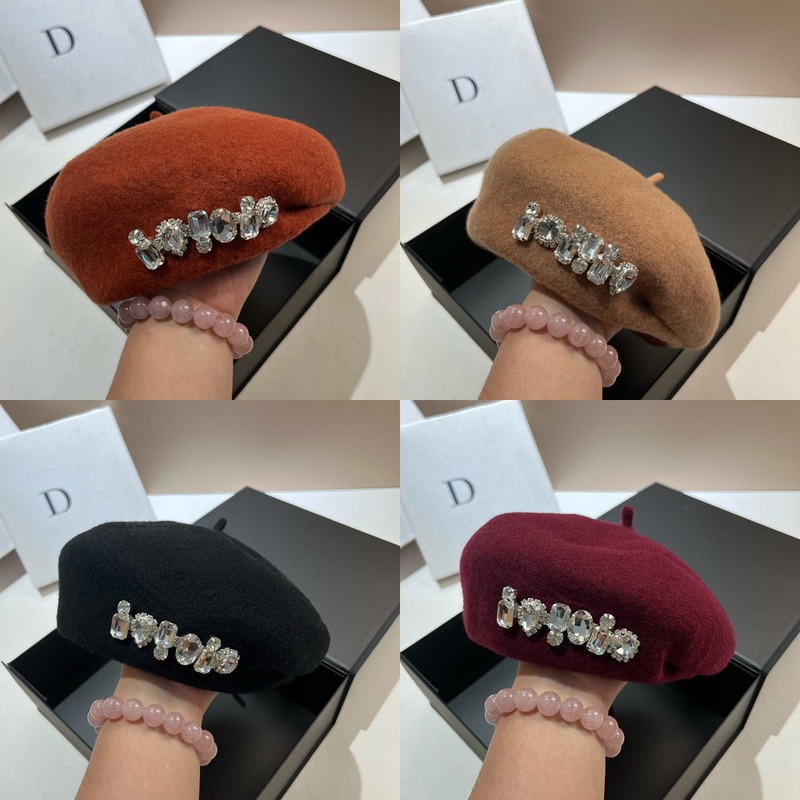 Designer Irregular Wool Beret Fashionable And Luxurious With Rhinestones Three Dimensional Berets Elegant Artist Hat Autumn And Winter Elegant Class