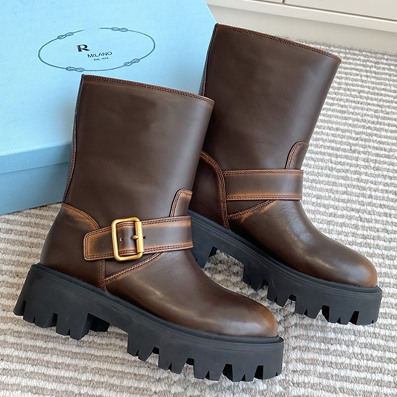 Womens Leather Booties In Black Designer Vintage Biker Style Chunky Gear Sole Mid Calf Boot Autumn Winter Commute Streetwear