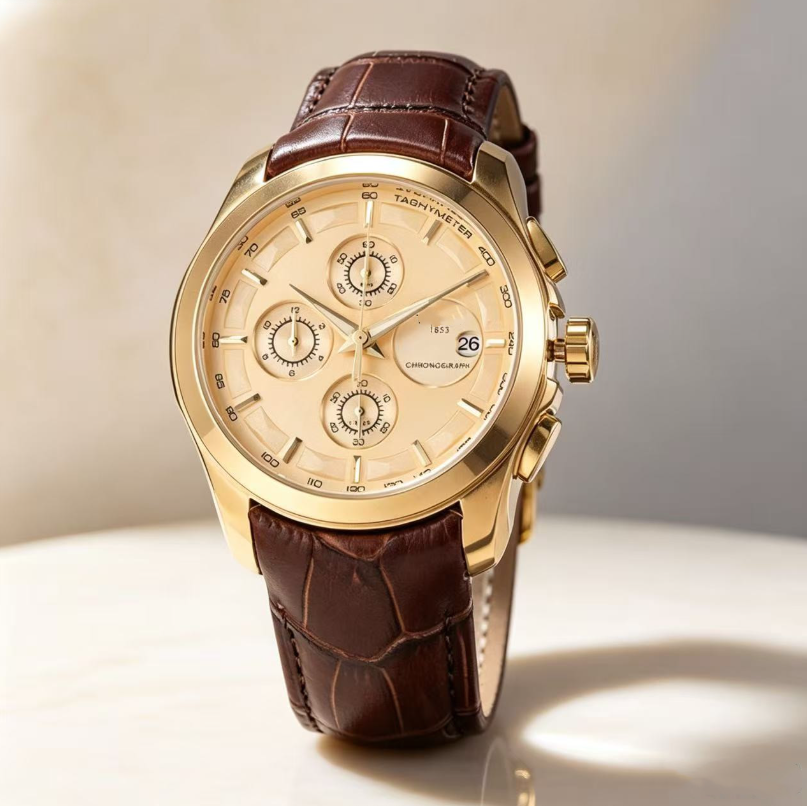 Classic men's 1853 quartz chronograph watch, leather strap, speedometer scale, luminous hands, date display, men's business watch, women&#