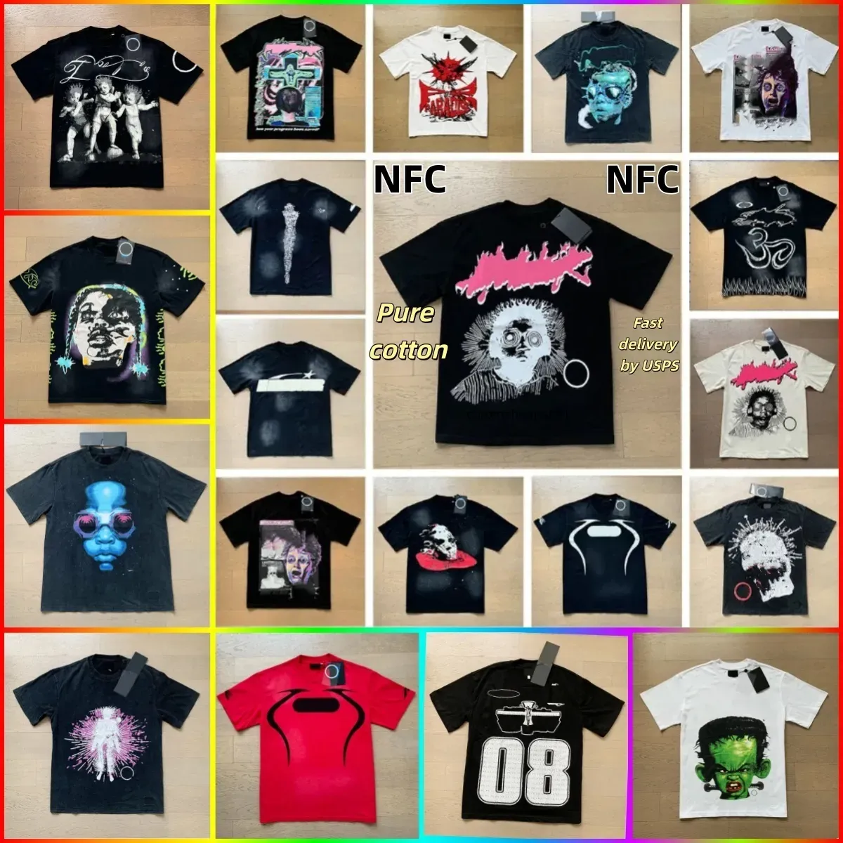 With NFC scan Designer Mens American trendy hell T shirt Creative Earth Ghost Face Earphone Printed printing Graffiti Tee Top Sell Summer Luxury hig