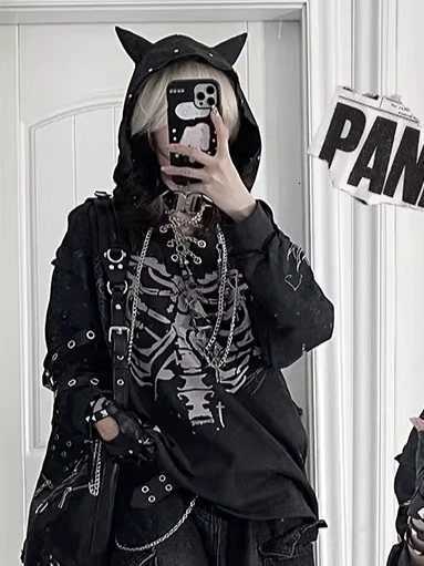 Women's Hoodies Autumn Harajuku-style street fashion American-style pullover with skeleton print round neck long sleeves and waffle knit dark T