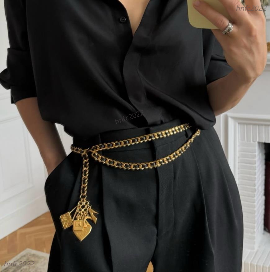Vintage Layered belt lMulti element pendant leather rope woven retro waist chain long 95cm jeans dress Accessories black gold chain Decoration