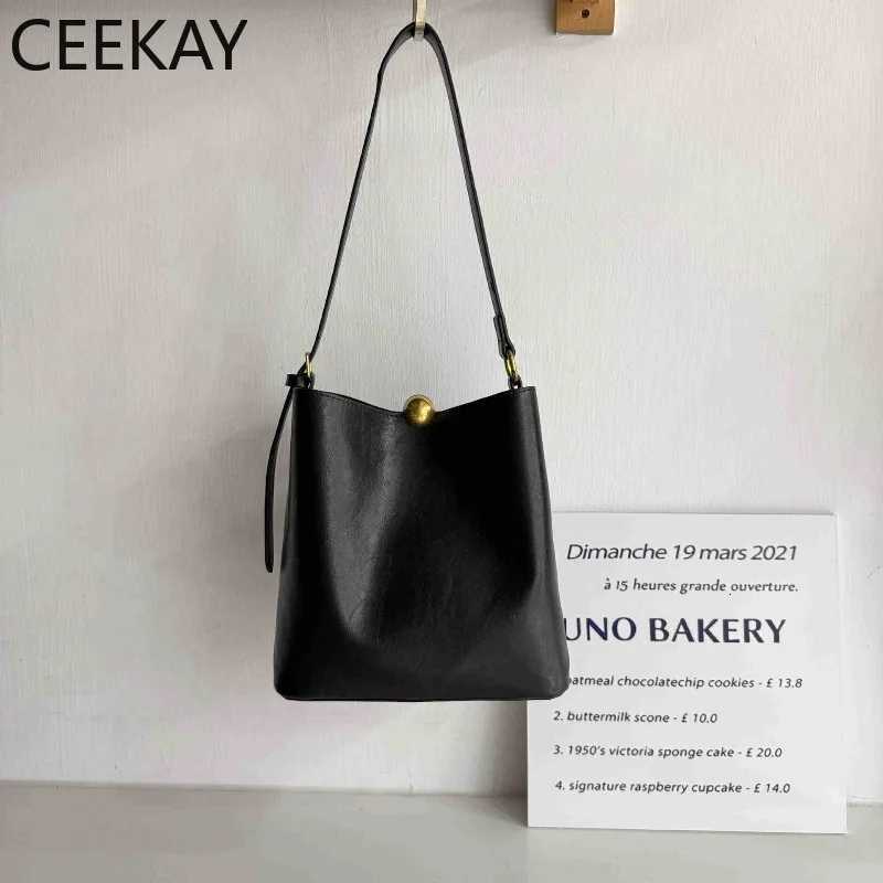 CEEKAY 2026 New Black Leather Bucket Bag Minimalist Shoulder Bag Gold Ball Snap Elegant Handbag for Women Tote Bags for Women H260916