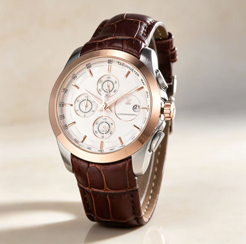 Classic men's 1853 quartz chronograph watch, leather strap, speedometer scale, luminous hands, date display, men's business watch, women&#