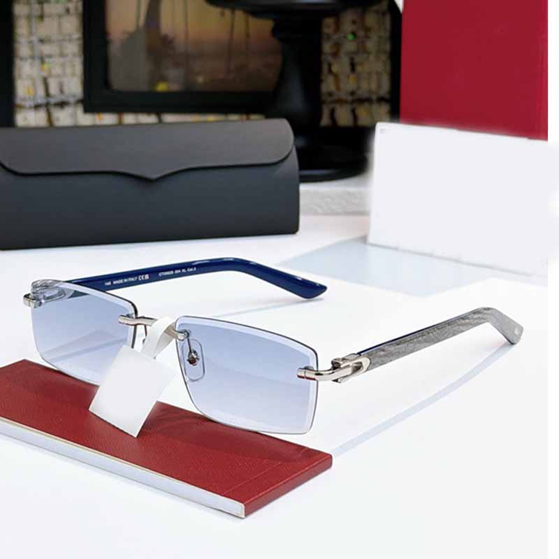 CT0582S Mode Loisirs Lunettes De Soleil Rectangulaires Sans Monture Pour Femmes Hommes Gris Grain De Bois Miroir Jambes Bleu Dégradé Lentilles UV