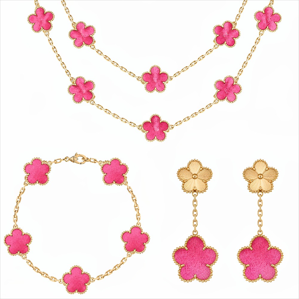 new high quality natural bubble pink enamel bracelet women pink four leaf clover necklace 18k gold plated five flower lucky charm earring women'
