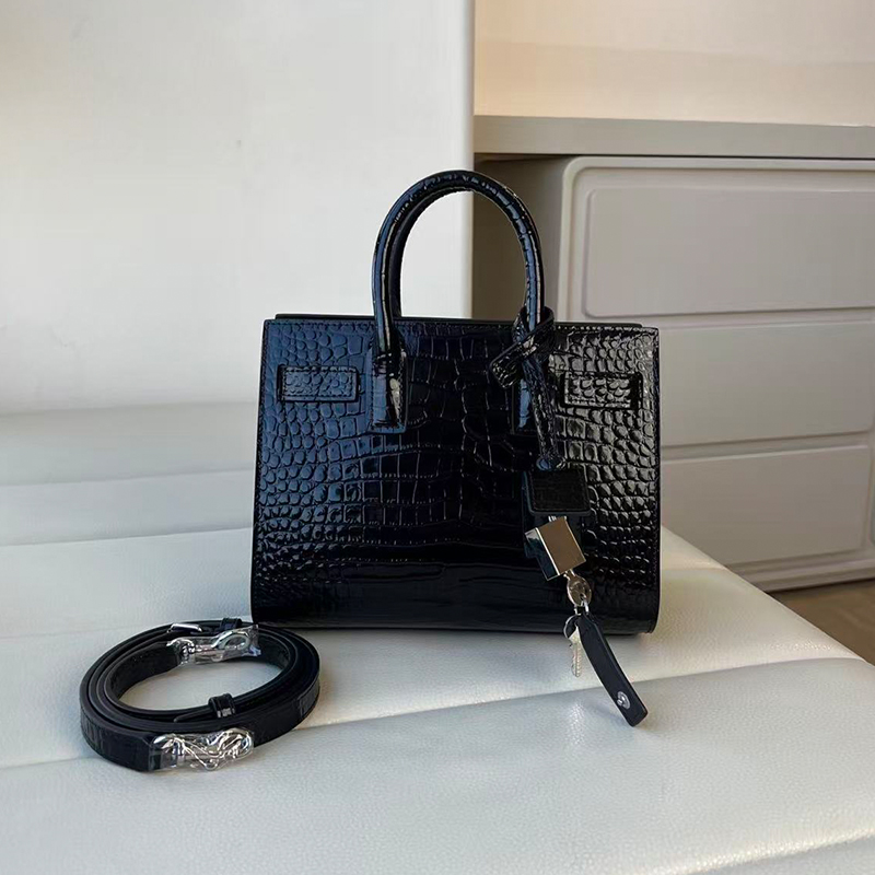 crocodile bag black tote bag designer bag womens handbag Crocodile Embossed leather top Handle Tote Bag Silver Metal Hardware Adjustable Shoulder St