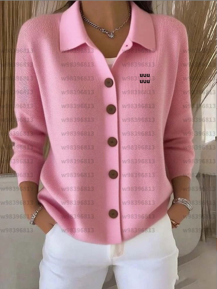 Women Lapel Collar Knit Cardigan Long Sleeve Button Embroidery Letter Loose Casual Sweater Coat