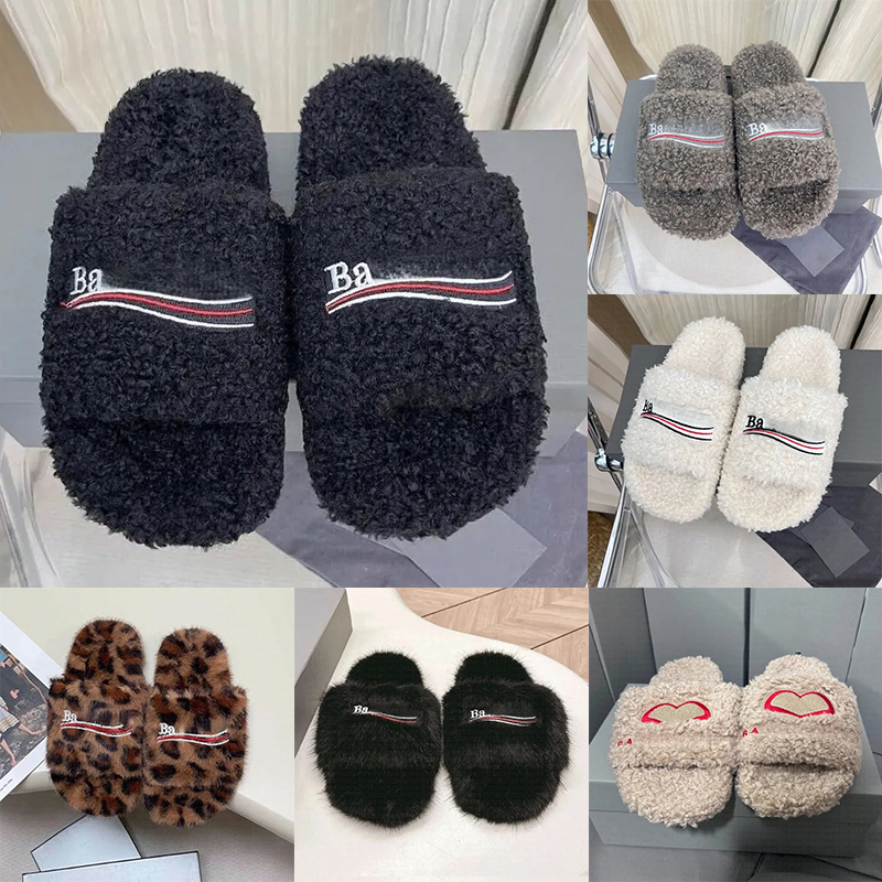 Luxury Slides Furry Slippers Slide Sandals House Shoes Slides Mules Fall Winter Mens Womens slip ons Footwear Paris Comfortable Fuzzy Flip Flop Fluf
