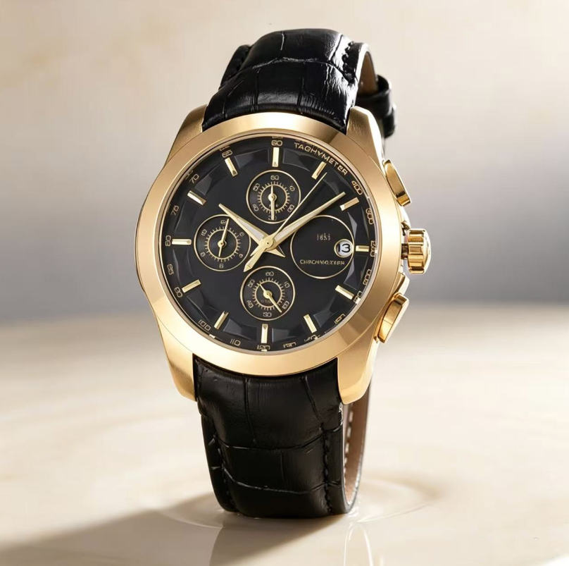 Classic men's 1853 quartz chronograph watch, leather strap, speedometer scale, luminous hands, date display, men's business watch, women&#