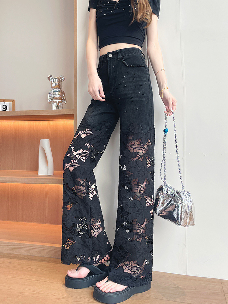Women Black Denim Jeans Beaded Crochet Hollow Lace Patchwork Casual Pants MAKOUFEI
