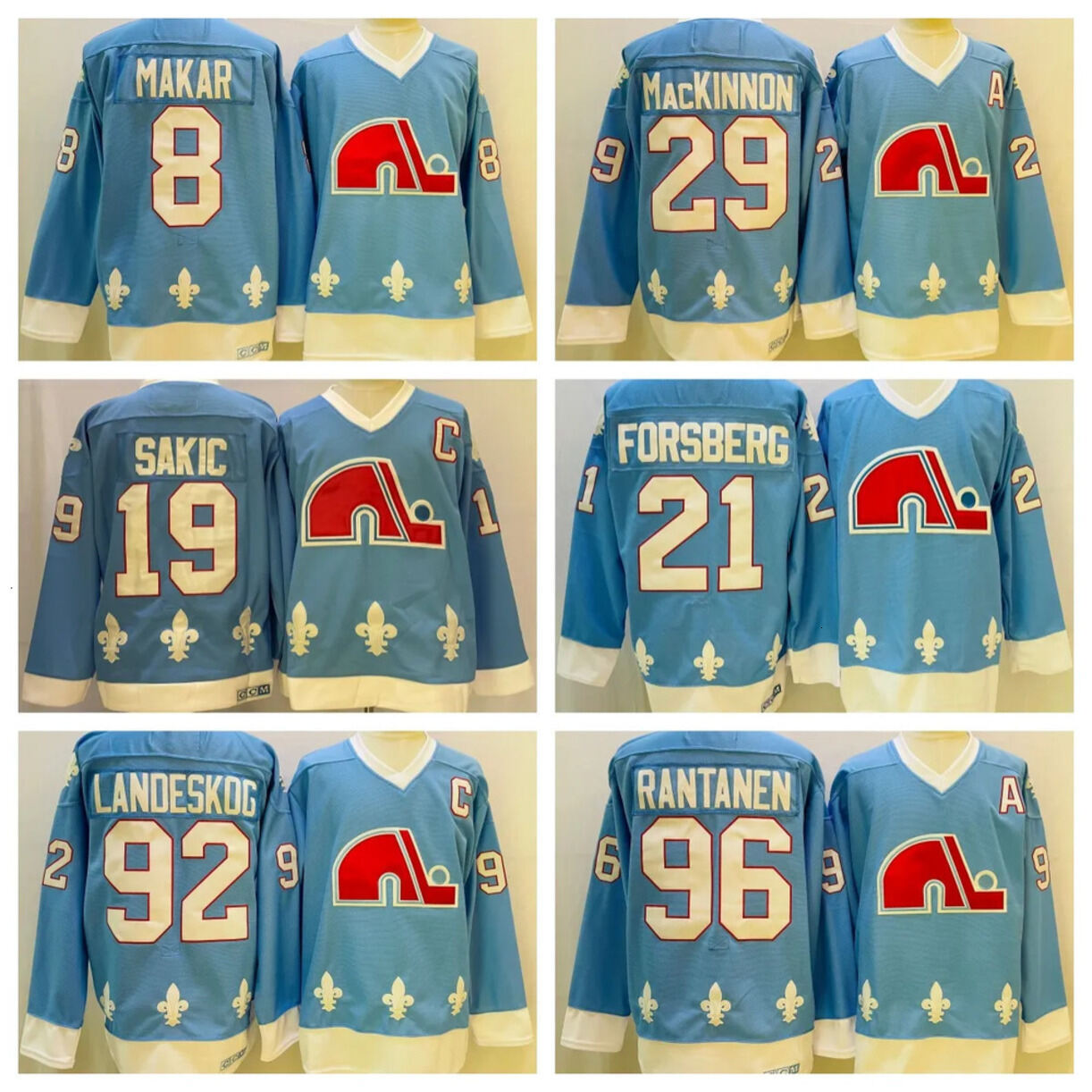 Breathable Ice Hockey Jersey Mackinnon Quick Dry 29 Makar 8 Landeskog 92 Sakic 19 Forsberg 21 Rantanen 96 CCM Blue Color Men's Size M * XXXL St