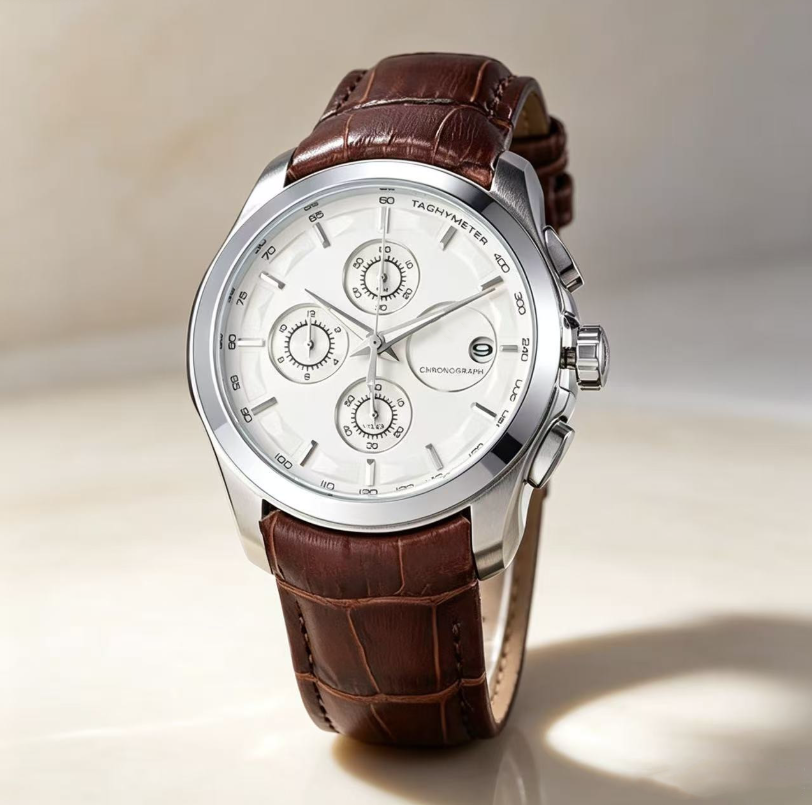 Classic men's 1853 quartz chronograph watch, leather strap, speedometer scale, luminous hands, date display, men's business watch, women&#